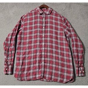 Baird McNutt Linen Shirt Men's Medium Murano Red Button Down Checkered Plaid‎